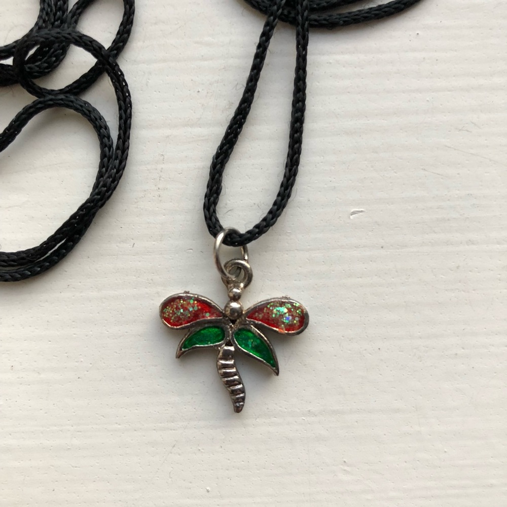 Vintage Black String Pullover Dragonfly Necklace - image 2